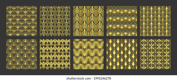 Luxury art deco patterns. Golden vintage ornaments, geometric lines arts seamless pattern vector set