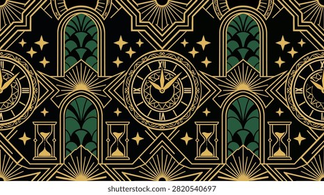 Luxury Art Deco repeating pattern with ornate clocks, hourglasses, geometric arches, starbursts, and emerald green accents