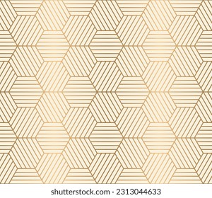 Luxury art deco seamless pattern with gold hexagon and striped line.