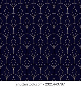 Luxury art deco seamless pattern. Golden vector geometric linear texture with thin curved lines, peacock pattern, grid, lattice ornament. Elegant black and gold abstract background. Repeat geo design