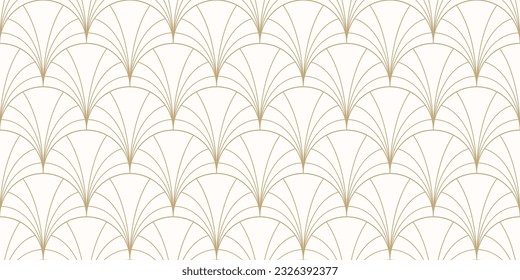 Luxury art deco seamless pattern. Golden vector geometric linear texture with curved lines, fish scale ornament, peacock pattern, grid. Elegant gold and white abstract background. Repeat geo design