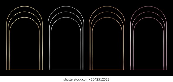 Luxury Art deco shiny arch frame set in precious metal colors - platinum silver, bronze, rose and yellow gold. Editable stroke vector illustration of stained glass window arch collection 