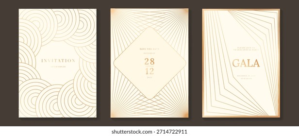 Tarjeta de invitación de Vector art deco de lujo con patrones geométricos de línea dorada sobre fondo crema. Diseño premium elegante para cartel y marca de celebración de boda de evento de gala.