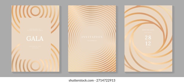 Tarjeta de invitación de Vector art deco de lujo con patrones geométricos de línea dorada sobre fondo crema. Diseño premium elegante para cartel y marca de celebración de boda de evento de gala.