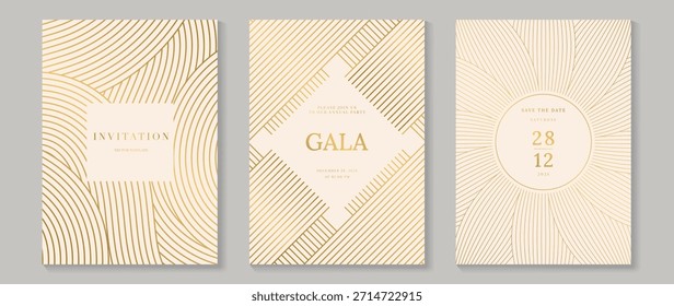 Luxury art deco vector invitation card set with gold line geometric patterns on cream background. Elegant premium design for gala event wedding celebration poster and branding.