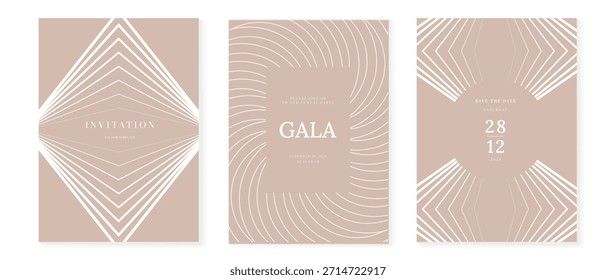 Tarjeta de invitación de Vector art deco de lujo con patrones geométricos de línea dorada sobre fondo crema. Diseño premium elegante para cartel y marca de celebración de boda de evento de gala.
