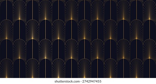 Luxury art deco vector seamless pattern background with gold geometric arches on navy. Elegant design for wallpaper, packaging, branding.
