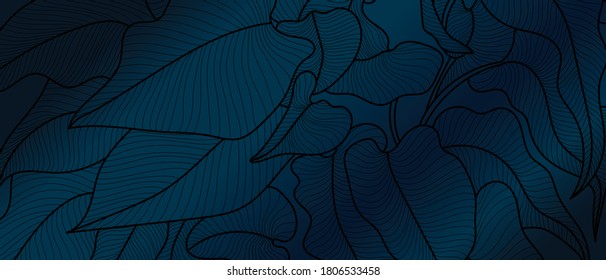 Luxury art deco wallpaper. Exotic tropical vector background.  Floral pattern with black split-leaf Philodendron plant with monstera plant line art on dark blue  background.