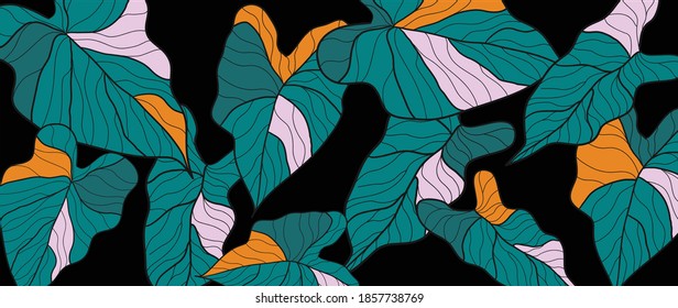 Luxury art deco wallpaper. Exotic tropical vector background.  Floral pattern with black split-leaf Philodendron plant with monstera plant line art on dark blue  background.
