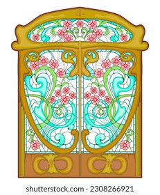 Luxury Art Nouveau door with stained glass windows. Exclusive offer for rich royal interior. Jugendstil architecture style. Template for design, wallpaper, background. Architecture in Western Europe.