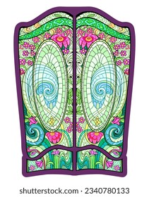 Luxury Art Nouveau door with stained glass windows. Exclusive offer for rich royal interior. Jugendstil architecture style. Template for design, wallpaper, background. Architecture in Western Europe.