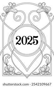 Luxury Art Nouveau New Year 2025 festive greeting card. Vintage art nuvo winter celebration poster.