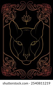 Luxo Art Nouveau Puma Gold na Black Art. Ilustração de animal preto e branco vintage. Royal Tarot Deck Design.