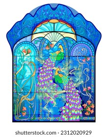 Luxury Art Nouveau stained glass window with beautiful peacocks. Ancient royal interior. Jugendstil architecture style. Template for design, wallpaper, background. Architecture in Western Europe.