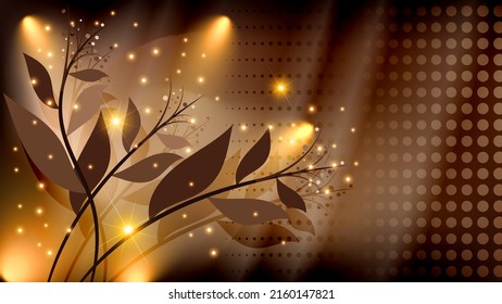 Luxury art postcard in brown tones. Vintage branches with leaves among lights and spotlights on a textured background. Template for your projects. Vector.