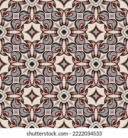 Luxury art seamless pattern in beige and gray colors. Overlapping art forms, stripes, polygons, segments are grouped and arranged in a certain order. Vector. 