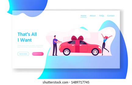 Luxury Automobile Gift for Girlfriend Website Landing Page. Man Giving Car with Bow as Present to Happy Surprised Woman Stand near Vehicle with Ribbon Web Page Banner. Cartoon Flat Vector Illustration