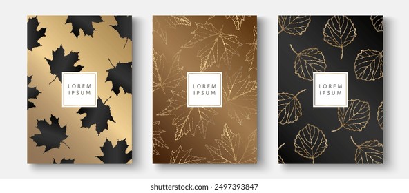 Luxury autumn cover design set. Elegant vector template with falling golden maple leaves on gold and black background. Floral line pattern for wedding invitation, card, poster A4, notebook, catalogue