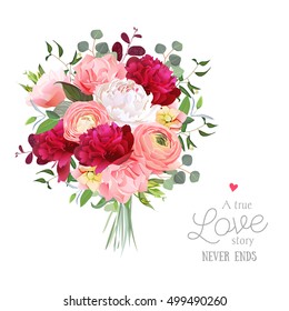 Luxury Autumn Vector Bouquet With Ranunculus, Peony, Rose, Carnation, Green Plants On White Vector Design Set. Bunch Of Flowers In Modern Mixed Style. All Elements Are Isolated And Editable.