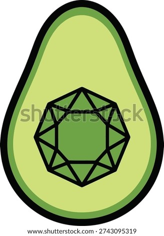 Luxury Avocado Diamond: Flat Vector Illustration of a Freshly Cut Avocado Half Containing a Brilliant Green Faceted Gem