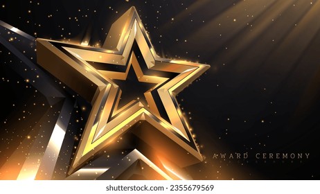 Luxury award ceremony background with 3d gold star and spotlight effects and bokeh decorations.