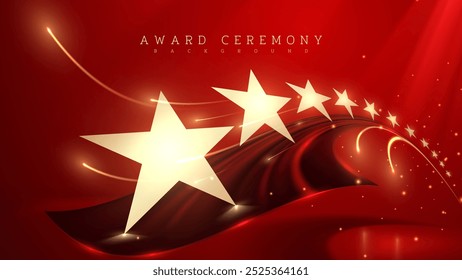 Cena de cerimônia de premiação de luxo com cortina vermelha, estrelas douradas, raios de luz e bokeh. Design de fundo elegante para eventos e celebrações. Ilustração vetorial.