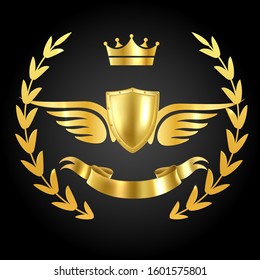 Luxury award with wings. Luxurious symbol of champion on dark background with royal leaves and ribbon vector 3d design concept