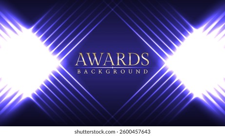 Luxury Awards Ceremony Background with Radiant Neon Glow and Elegant Prestige Spotlights, Featuring Light Beams on a Dark Purple Theme.