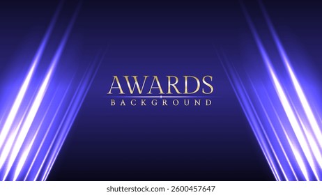 Luxury Awards Ceremony Background with Radiant Neon Glow and Elegant Prestige Spotlights, Featuring Light Beams on a Dark Purple Theme.