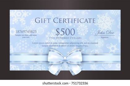 Luxury Baby Blue Christmas Gift Certificate With White Snowflakes And Pink Ribbon