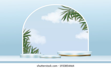 Luxury Luxury Backdrop Podium Cylinder Stand on blue sky,cloud, coconut palm leaves on wall background, Vector 3D Banner,Stage pedestal for Product presentation Cosmetic or Spa on  Summer blue concept