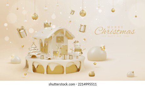 Luxury background with 3d realistic christmas ornaments on gold podium and sparkling light effect with bokeh decorations and snow. Vector illustration.