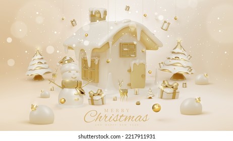 Luxury background with 3d realistic christmas ornaments and sparkling light effect and bokeh decorations and snow. Vector illustration.