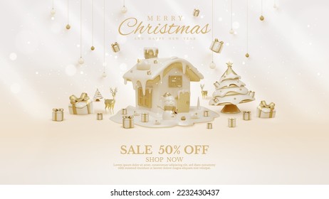 Luxury background with 3d realistic christmas ornaments decoration and light effect and bokeh and snow.