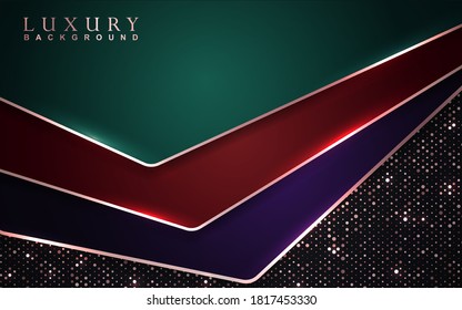 Fondo de lujo con forma de papel abstracto y color violeta, verde, rojo y negro. Textura superpuesta de la decoración de elementos de luz dorada. El gráfico vectorial se puede usar para la tarjeta de saludo, invitación, fiesta de banners