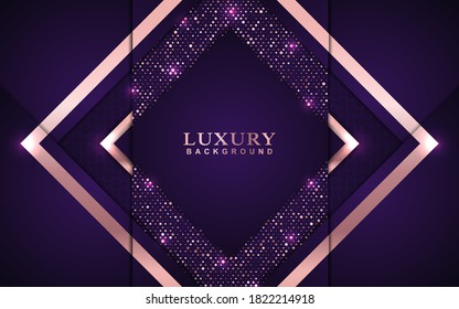 Fondo de lujo con forma de papel abstracto. El color púrpura solapa textura de elementos de luz dorada luce la decoración. El gráfico vectorial se puede usar para tarjeta de saludo, invitación, banner party, cubierta frame