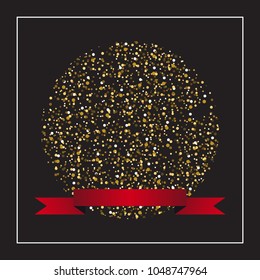 Luxury background with abstract sphere of shiny golden glitters with red stripe.