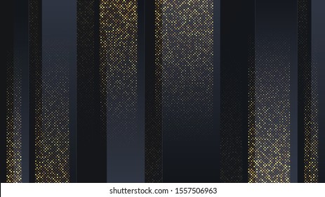 Fondo de lujo, ilustración abstracta vectorial. Brillo brillante dorado, fondo negro minimalista con sombras y diseño dinámico. Concepto abstracto de patrón de medio tono de oro vectorial.