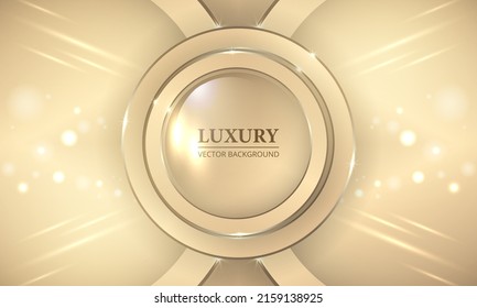 Luxury background. Beige and glass round frame with gold rings on a beige luxury background with a glitter light effect. 3d vector illustration.