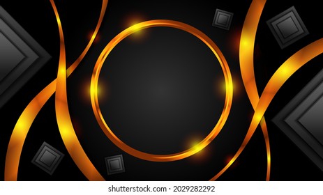 luxury background, black and gold color, with gold circle and ribbon shape, suitable for banners, cards, brochures, backdrops, and wallpapers