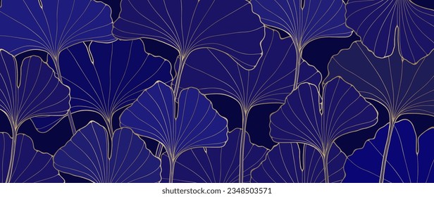 Luxury background with blue ginkgo biloba leaves and gold outline. Botanical background for decor, covers, postcards and presentations.