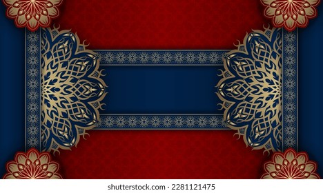 luxury background blue and red with golden mandala ornament