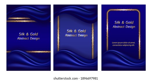 Luxury background with blue silk wave and golden glowing borders, Smooth realistic deep blue satin texture curtain and golden shine. Banner or poster design. Vector illustration