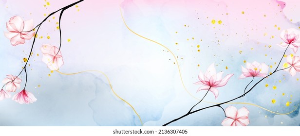 Luxury background in blue tones with pink flowers on the branches and golden elements. Botanical watercolor banner for interior design, wallpaper, print, packaging