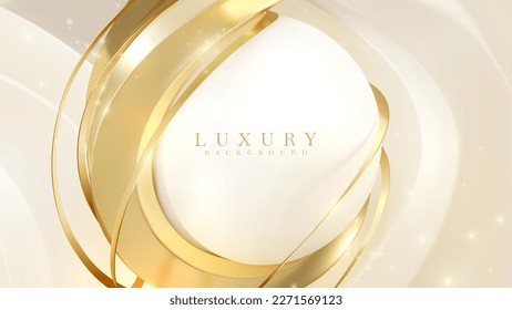 Luxury background with circle frame elements and gold ribbons with bokeh decorations and sparkling lights. Vector illustration.