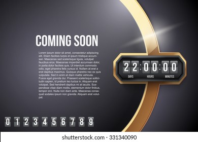 Luxury Background Coming Soon and countdown timer with digit samples. Vector Illustration isolated on white background.