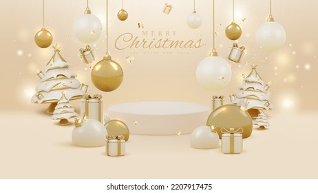 Luxury background concept of happy new year and realistic 3d merry christmas ornaments. Space for product banner promote. Vector illustration.