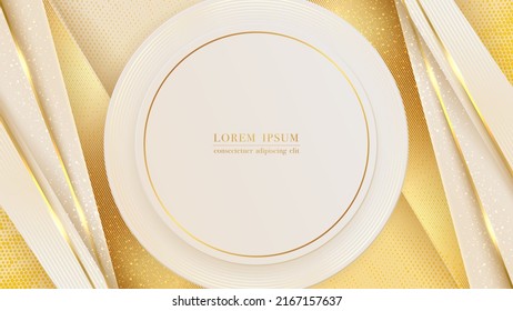 Luxury background decorated with golden circle line, gold line diagonal, and glitter light effect. Vector illustration