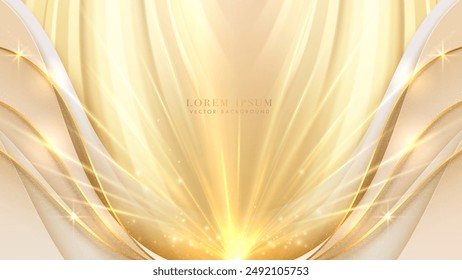 Luxury background decoration with golden lines curve, glowing beams, and glitter light effects element. Vector illustration