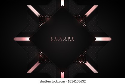 Luxury background design black and rose golden element decoration. Elegant paper art shape vector layout template for use cover magazine, poster, flyer, invitation, product packaging, web banner, card